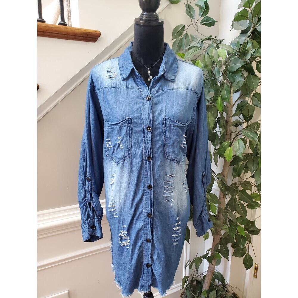Thrill Jeans Distressed Blue Cotton Collared Long Sleeve Button Down Shirt 2X